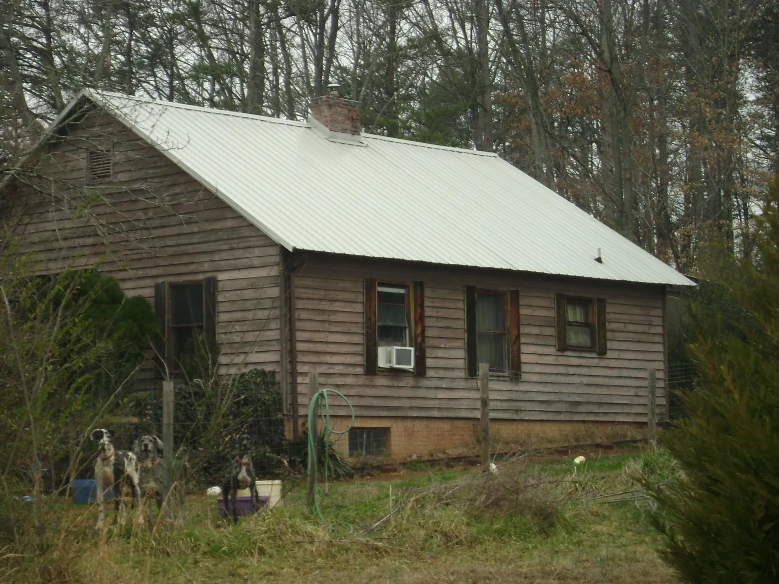 White metal roof on an old wood sided farmhouse, from a Metal Roof Installation job in Tremont City